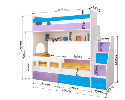 Двухъярусная кровать Юниор-1 Белое дерево + ирис/голубой 